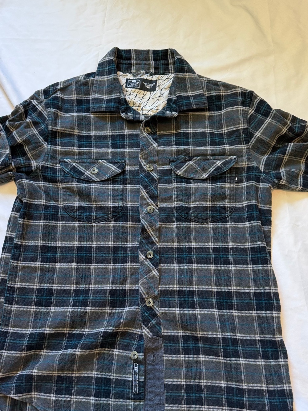 Nike Men's Black and Blue Plaid Short-Sleeve Button-Down Shirt